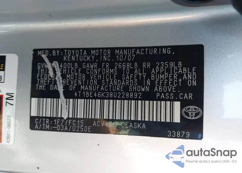 2008 Toyota Camry Se из США, поврежденный, VIN 4T1BE46K38U228892